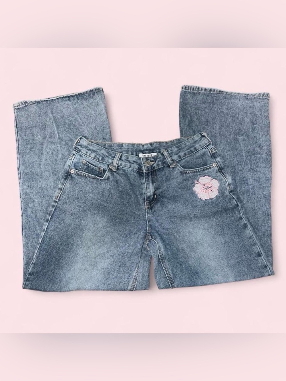 Forever 21 Light Blue Flare Jeans with Pink Floral Patch
